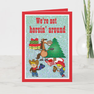 Pferd mit Geschenken und Stick Horse Kids Feiertagskarte