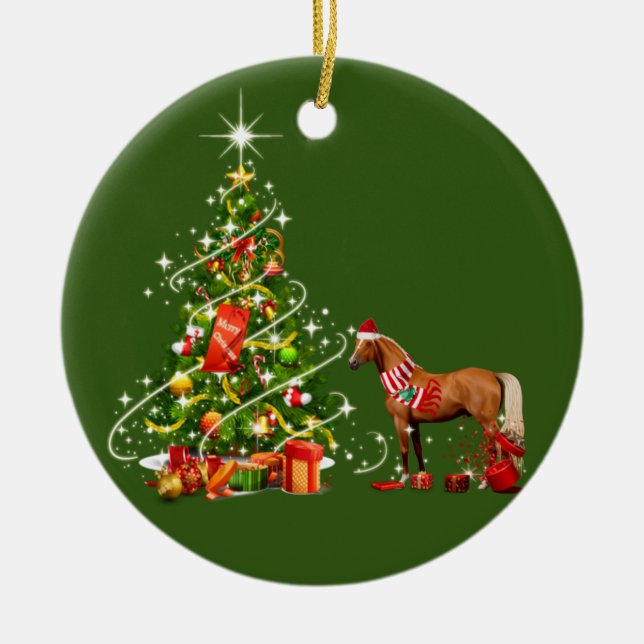 Pferd mit Hut erschreckt Weihnachten Keramik Ornament (Vorne)