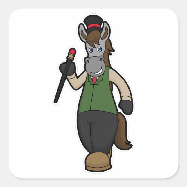 Pferd mit Hut & Kane Quadratischer Aufkleber (Vorderseite)