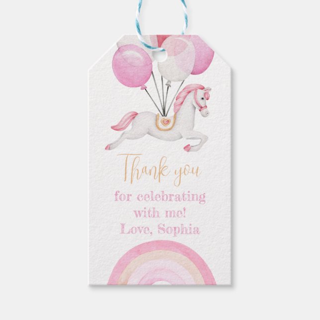 Pferd mit rosa Balloons und Regenbogen Danke Geschenkanhänger (Vorderseite)
