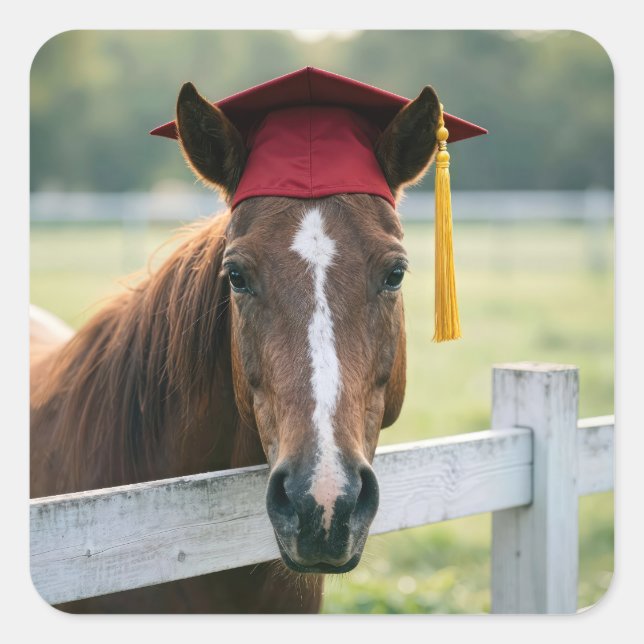 Pferd mit roter Abschlussmütze Quadratischer Aufkleber (Vorderseite)