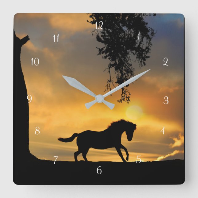 Pferd mit Sonnenuntergang und Eichenbaum Quadratische Wanduhr (Vorderseite)