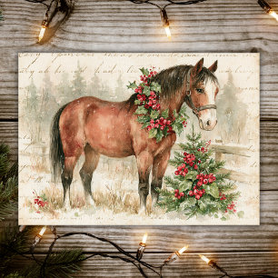 Pferd mit Stechpalmenkranz und Weihnachtsbaum Vint Feiertagskarte