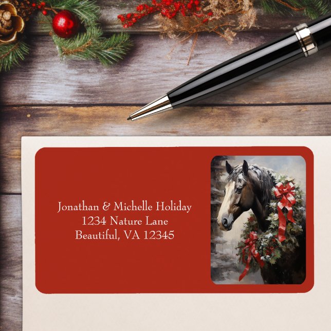 Pferd mit Weihnachtsansprache im Winter Kranz Adressaufkleber (Horse with Winter Wreath Christmas Address Label)