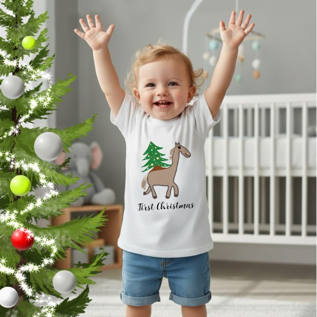 Pferd mit Weihnachtsbaum Baby T-shirt (Von Creator hochgeladen)