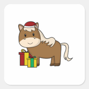 Pferd mit Weihnachtsmannmütze & Geschenken Quadratischer Aufkleber