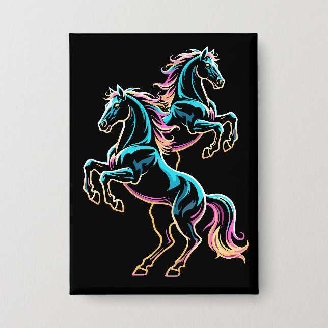 Pferd Neonlicht Glitch Retro-Stil Button (Vorderseite)