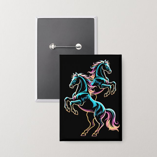Pferd Neonlicht Glitch Retro-Stil Button (Vorderseite/Rückseite)