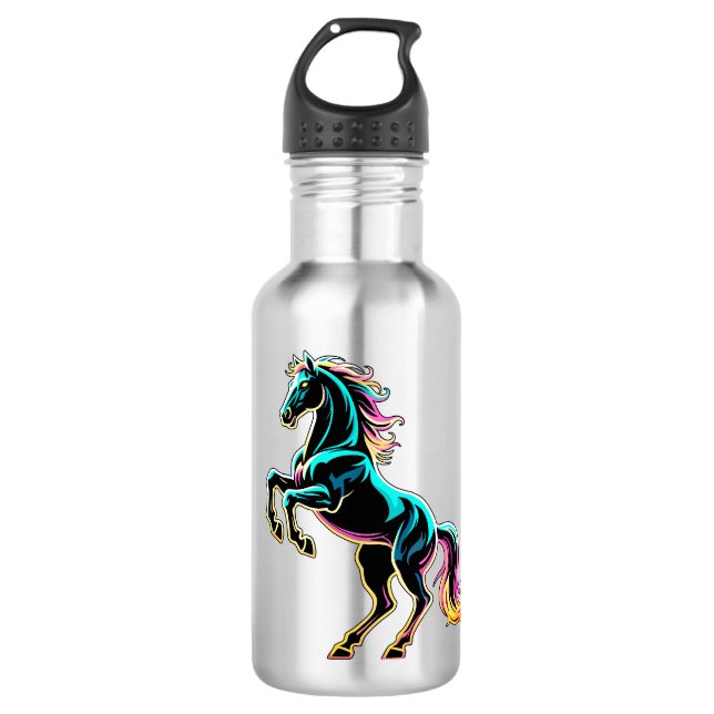Pferd Neonlicht Glitch Retro-Stil Edelstahlflasche (Vorderseite)