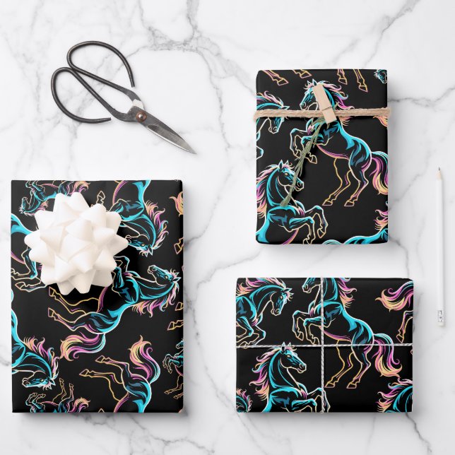 Pferd Neonlicht Glitch Retro-Stil Geschenkpapier Set (Vorderseite)