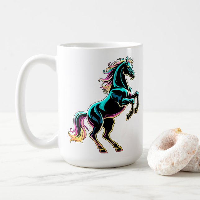 Pferd Neonlicht Glitch Retro-Stil Kaffeetasse (Mit Donut)