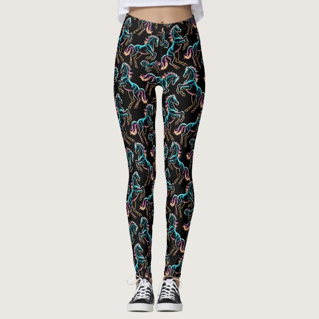 Pferd Neonlicht Glitch Retro Stil Leggings (Vorderseite)