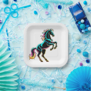 Pferd Neonlicht Glitch Retro-Stil Pappteller