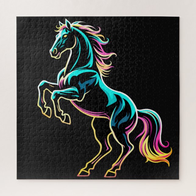 Pferd Neonlicht Glitch Retro-Stil Puzzle (Vertikal)