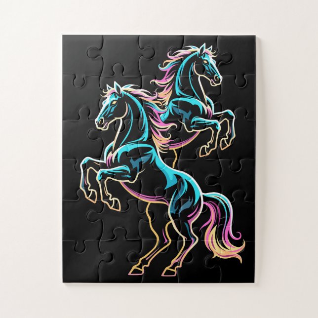 Pferd Neonlicht Glitch Retro-Stil Puzzle (Vertikal)