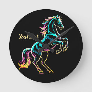 Pferd Neonlicht Glitch Retro-Stil Runde Wanduhr