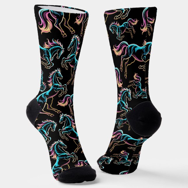 Pferd Neonlicht Glitch Retro-Stil Socken (Gewinkelt)