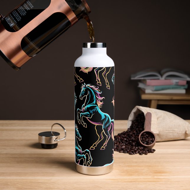 Pferd Neonlicht Glitch Retro-Stil Trinkflasche (Kaffee)