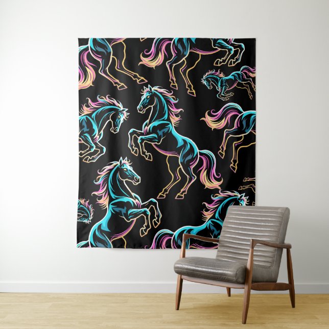 Pferd Neonlicht Glitch Retro-Stil Wandteppich (Beispiel)