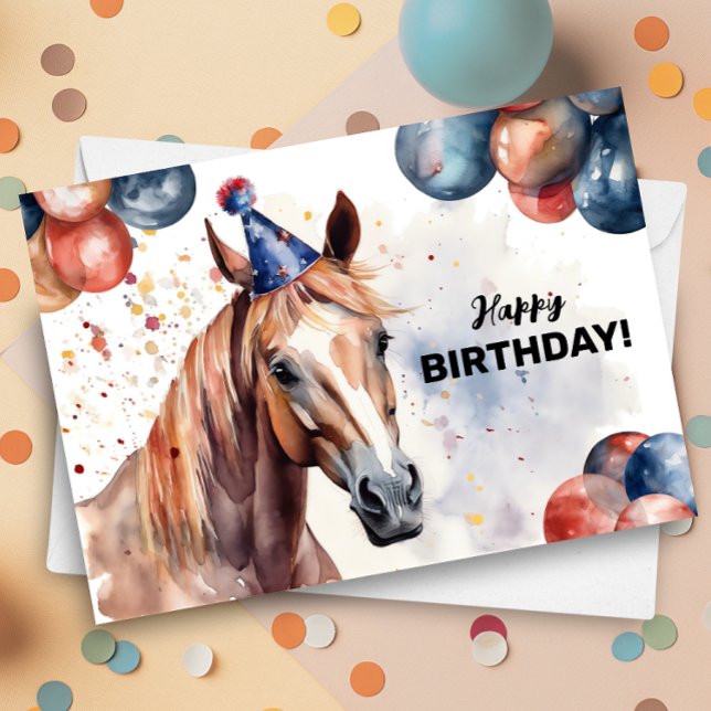 Pferd Party Hat Watercolor Portrait Happy Birthday Karte (Von Creator hochgeladen)