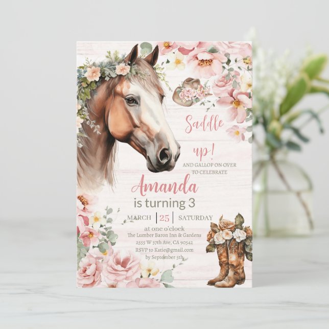 Pferd Pink Floral Girl Saddle Up Cowgirl Geburtsta Einladung (Stehend Vorderseite)
