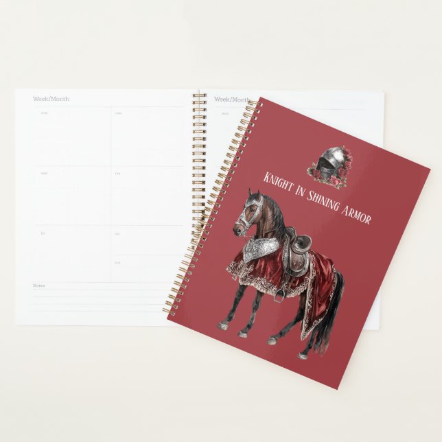 Pferd Ritter in glänzender Rüstung Helm rote Rosen Planer (Anzeige)