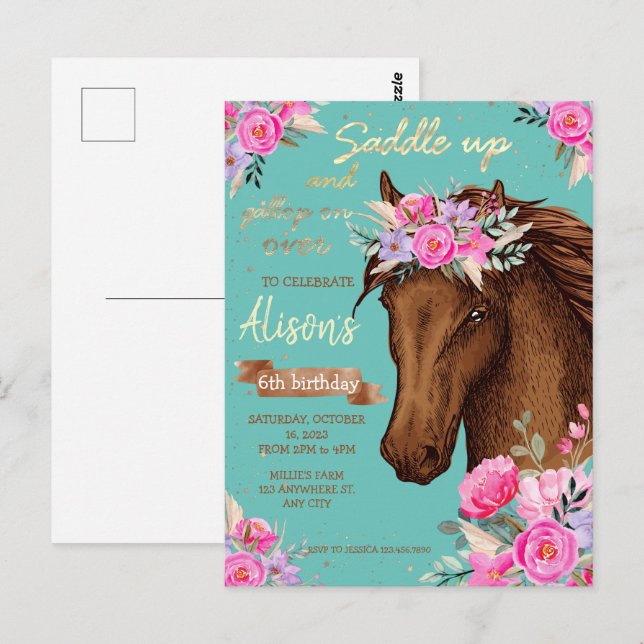 Pferd Rosa Floral Geburtstag Postkarte (Vorne/Hinten)