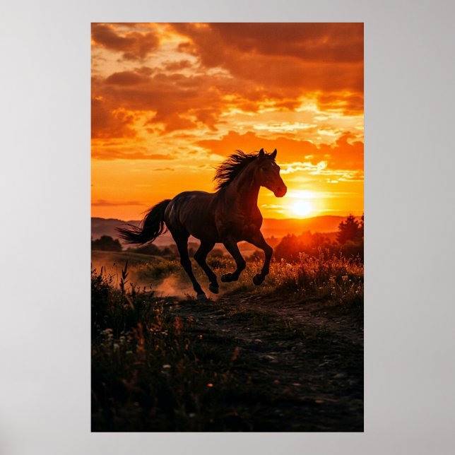 Pferd-Sonnenuntergang-Poster | Laufendes Schwarzes Poster (Vorne)