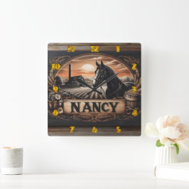 Pferd- und Bauernszene mit Namenschild bei Sonnenu Quadratische Wanduhr