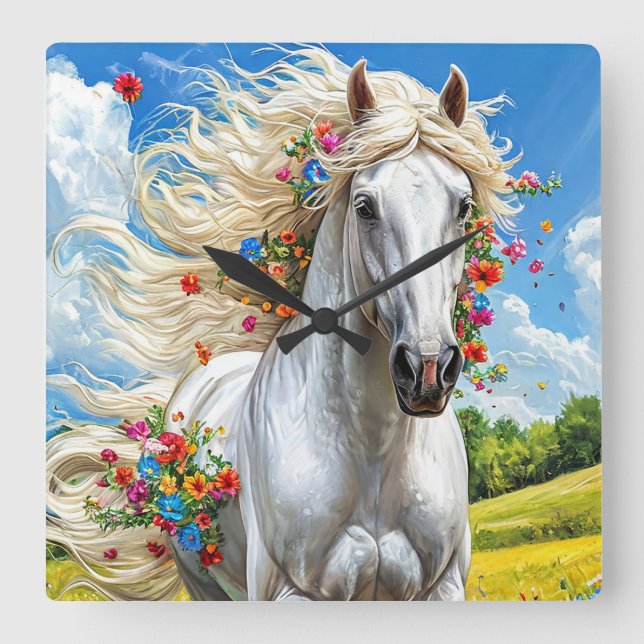 Pferd und Blume Quadratische Wanduhr (Vorderseite)