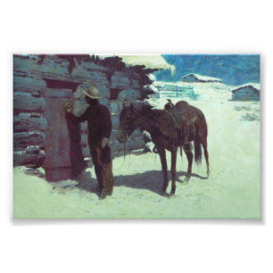 Pferd und Cowboy im Winterschnee Fotodruck