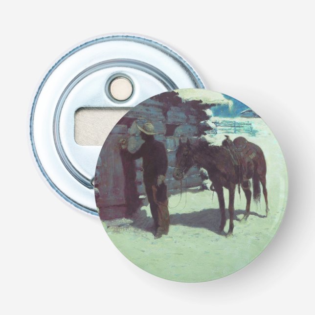 Pferd und Cowboy Winterschnee Flaschenöffner (Vorderseite)