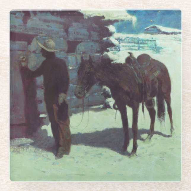 Pferd und Cowboy Winterschnee Glasuntersetzer (Vorderseite)