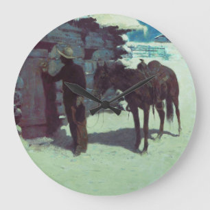 Pferd und Cowboy Winterschnee Große Wanduhr