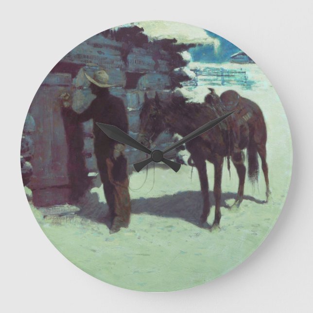Pferd und Cowboy Winterschnee Große Wanduhr (Vorderseite)