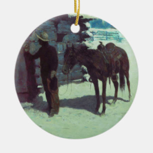 Pferd und Cowboy Winterschnee Keramik Ornament