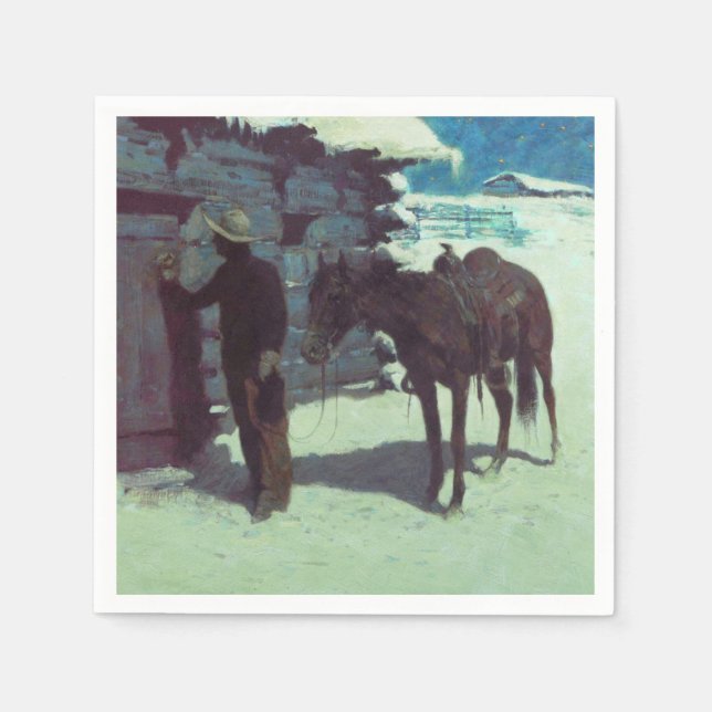 Pferd und Cowboy Winterschnee Serviette (Vorderseite)