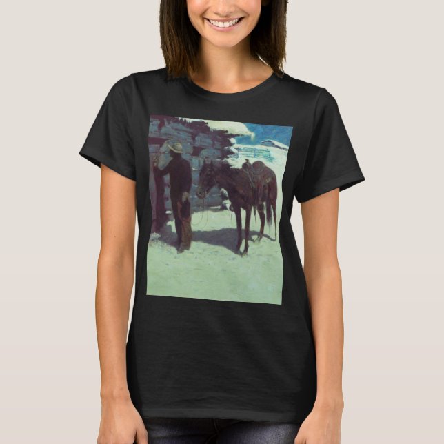 Pferd und Cowboy Winterschnee T-Shirt (Vorderseite)