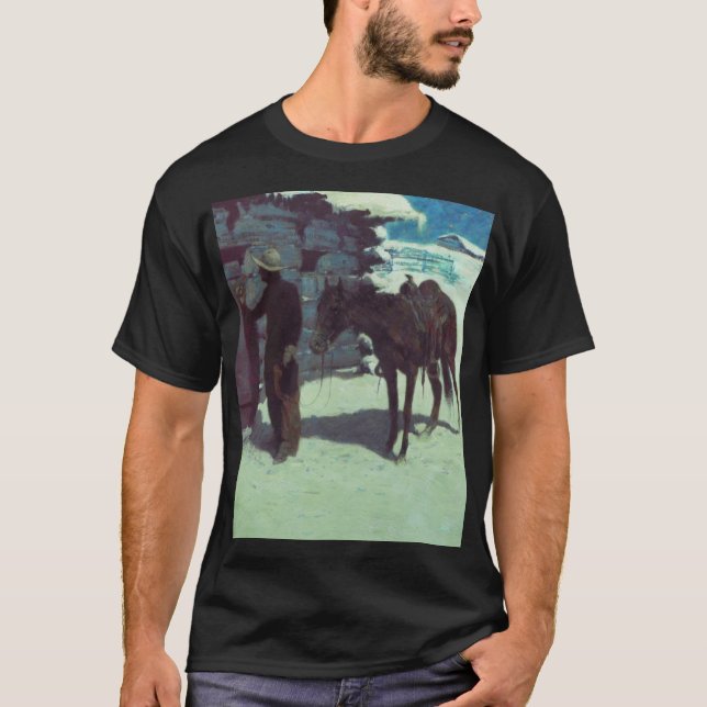 Pferd und Cowboy Winterschnee T-Shirt (Vorderseite)