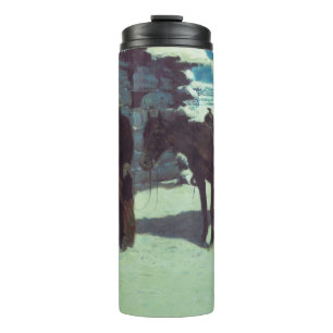 Pferd und Cowboy Winterschnee Thermosbecher