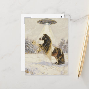 Pferd und ein UFO im Winter Postkarte