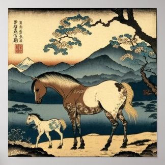 Pferd und Fohlen: Ein warmes Bild in japanischem H Poster