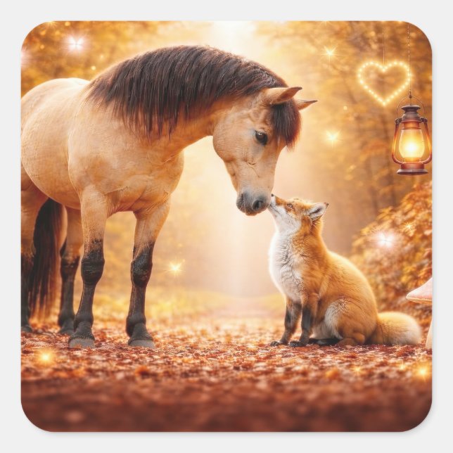 Pferd und Fuchs Fantasy Wald Süß Quadratischer Aufkleber (Vorderseite)