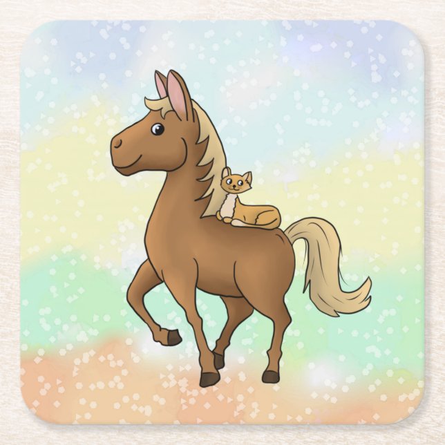 Pferd und Katze  Rechteckiger Pappuntersetzer (Vorderseite)