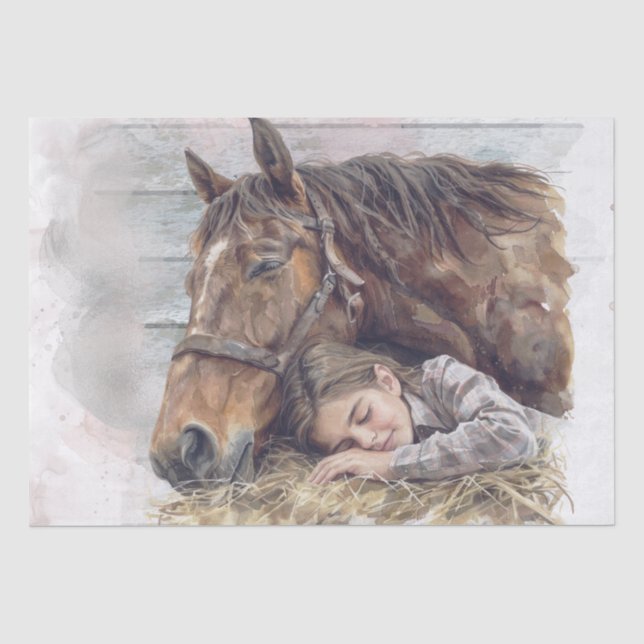Pferd und Mädchen in Barnschläft "Beste Freunde" Seidenpapier (Vorderseite)