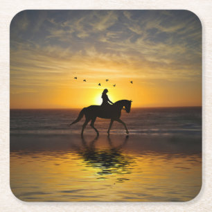 Pferd und Reiter am Strand Dressur Sonnenuntergang Rechteckiger Pappuntersetzer