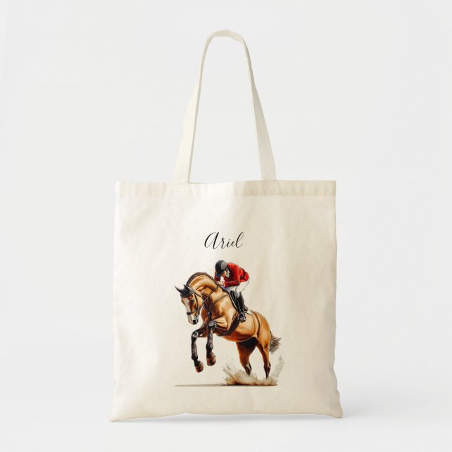 Pferd und Reiter springen in Reitaktion Tragetasche (Vorne)