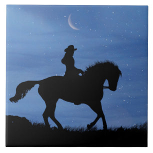 Pferd und Reiter Starry Night mit Crescent Moon Fliese