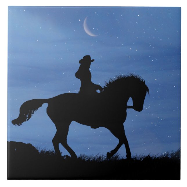 Pferd und Reiter Starry Night mit Crescent Moon Fliese (Vorderseite)