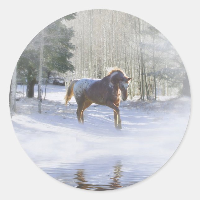 Pferd und Schnee Schöner Urlaub Runder Aufkleber (Vorderseite)